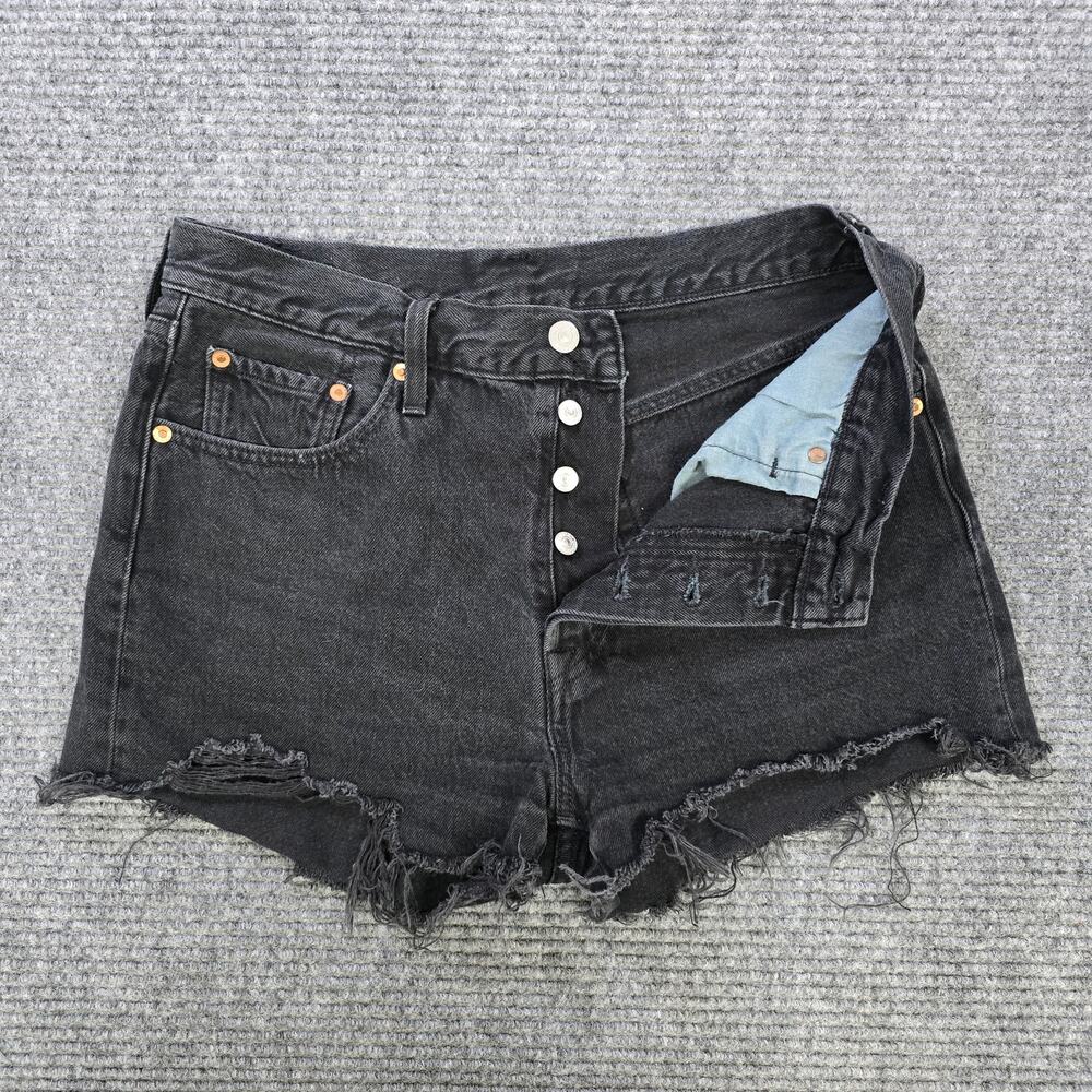 Levi's 501 Shorts Womens 29 Black Button Fly Distressed Cutoff Raw Hem - Picture 2 of 8